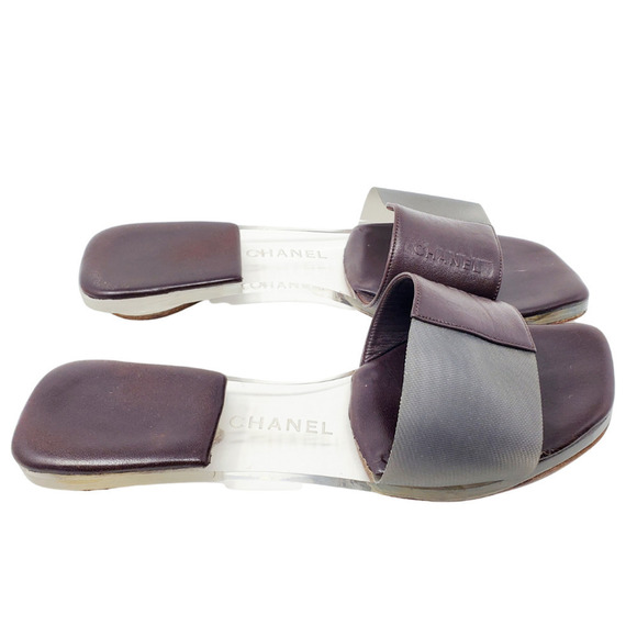 Chanel LOGO Sandals Brown Leather Flat Slides Clear Block PVC Mules EU 36.5‎ - Picture 6 of 9